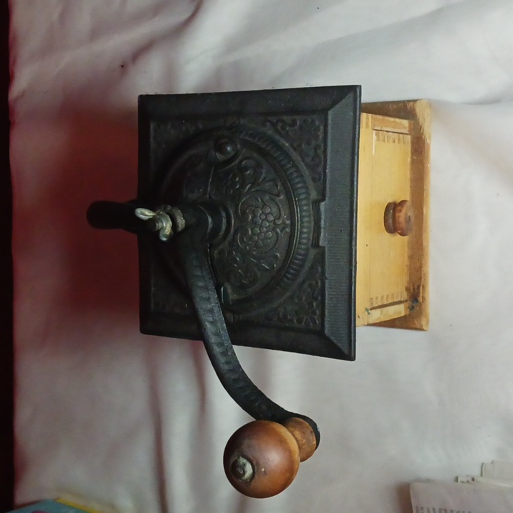 Antique coffee grinder cast iron and wood intricate design